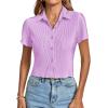 imageLYANER Womens Rib Knit Collar V Neck Button Down Ruffle Tirm Short Sleeve Crop Top Blouse ShirtLilac