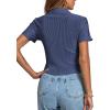 imageLYANER Womens Rib Knit Collar V Neck Button Down Ruffle Tirm Short Sleeve Crop Top Blouse ShirtNavy