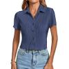 imageLYANER Womens Rib Knit Collar V Neck Button Down Ruffle Tirm Short Sleeve Crop Top Blouse ShirtNavy