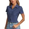 imageLYANER Womens Rib Knit Collar V Neck Button Down Ruffle Tirm Short Sleeve Crop Top Blouse ShirtNavy
