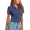 imageLYANER Womens Rib Knit Collar V Neck Button Down Ruffle Tirm Short Sleeve Crop Top Blouse ShirtNavy