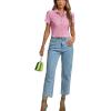 imageLYANER Womens Rib Knit Collar V Neck Button Down Ruffle Tirm Short Sleeve Crop Top Blouse ShirtPink
