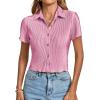 imageLYANER Womens Rib Knit Collar V Neck Button Down Ruffle Tirm Short Sleeve Crop Top Blouse ShirtPink