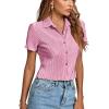 imageLYANER Womens Rib Knit Collar V Neck Button Down Ruffle Tirm Short Sleeve Crop Top Blouse ShirtPink