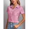 imageLYANER Womens Rib Knit Collar V Neck Button Down Ruffle Tirm Short Sleeve Crop Top Blouse ShirtPink