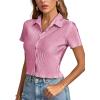 imageLYANER Womens Rib Knit Collar V Neck Button Down Ruffle Tirm Short Sleeve Crop Top Blouse ShirtPink