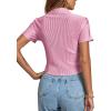 imageLYANER Womens Rib Knit Collar V Neck Button Down Ruffle Tirm Short Sleeve Crop Top Blouse ShirtPink
