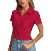 imageLYANER Womens Rib Knit Collar V Neck Button Down Ruffle Tirm Short Sleeve Crop Top Blouse ShirtRed