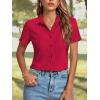 imageLYANER Womens Rib Knit Collar V Neck Button Down Ruffle Tirm Short Sleeve Crop Top Blouse ShirtRed