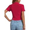 imageLYANER Womens Rib Knit Collar V Neck Button Down Ruffle Tirm Short Sleeve Crop Top Blouse ShirtRed