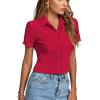 imageLYANER Womens Rib Knit Collar V Neck Button Down Ruffle Tirm Short Sleeve Crop Top Blouse ShirtRed