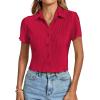 imageLYANER Womens Rib Knit Collar V Neck Button Down Ruffle Tirm Short Sleeve Crop Top Blouse ShirtRed