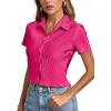 imageLYANER Womens Rib Knit Collar V Neck Button Down Ruffle Tirm Short Sleeve Crop Top Blouse ShirtRose