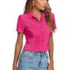 imageLYANER Womens Rib Knit Collar V Neck Button Down Ruffle Tirm Short Sleeve Crop Top Blouse ShirtRose