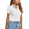 imageLYANER Womens Rib Knit Collar V Neck Button Down Ruffle Tirm Short Sleeve Crop Top Blouse ShirtWhite