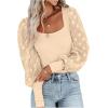 imageLYANER Womens Square Neck Blouse Sheer Mesh Lantern Sleeve Polka Dot Knit Business Casual Tops ShirtsBeige