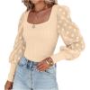 imageLYANER Womens Square Neck Blouse Sheer Mesh Lantern Sleeve Polka Dot Knit Business Casual Tops ShirtsBeige
