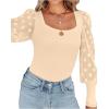 imageLYANER Womens Square Neck Blouse Sheer Mesh Lantern Sleeve Polka Dot Knit Business Casual Tops ShirtsBeige