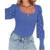 imageLYANER Womens Square Neck Blouse Sheer Mesh Lantern Sleeve Polka Dot Knit Business Casual Tops ShirtsBlue