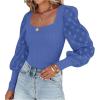 imageLYANER Womens Square Neck Blouse Sheer Mesh Lantern Sleeve Polka Dot Knit Business Casual Tops ShirtsBlue