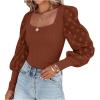 imageLYANER Womens Square Neck Blouse Sheer Mesh Lantern Sleeve Polka Dot Knit Business Casual Tops ShirtsCaramel