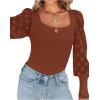 imageLYANER Womens Square Neck Blouse Sheer Mesh Lantern Sleeve Polka Dot Knit Business Casual Tops ShirtsCaramel