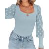 imageLYANER Womens Square Neck Blouse Sheer Mesh Lantern Sleeve Polka Dot Knit Business Casual Tops ShirtsLight Blue