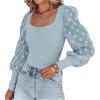 imageLYANER Womens Square Neck Blouse Sheer Mesh Lantern Sleeve Polka Dot Knit Business Casual Tops ShirtsLight Blue