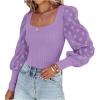 imageLYANER Womens Square Neck Blouse Sheer Mesh Lantern Sleeve Polka Dot Knit Business Casual Tops ShirtsPurple