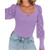 imageLYANER Womens Square Neck Blouse Sheer Mesh Lantern Sleeve Polka Dot Knit Business Casual Tops ShirtsPurple
