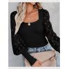 imageLYANER Womens Square Neck Blouse Sheer Mesh Lantern Sleeve Polka Dot Knit Business Casual Tops ShirtsSolid Black