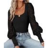 imageLYANER Womens Square Neck Blouse Sheer Mesh Lantern Sleeve Polka Dot Knit Business Casual Tops ShirtsSolid Black
