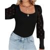 imageLYANER Womens Square Neck Blouse Sheer Mesh Lantern Sleeve Polka Dot Knit Business Casual Tops ShirtsSolid Black