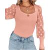 imageLYANER Womens Square Neck Blouse Sheer Mesh Lantern Sleeve Polka Dot Knit Business Casual Tops ShirtsSolid Pink