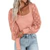 imageLYANER Womens Square Neck Blouse Sheer Mesh Lantern Sleeve Polka Dot Knit Business Casual Tops ShirtsSolid Pink
