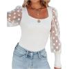 imageLYANER Womens Square Neck Blouse Sheer Mesh Lantern Sleeve Polka Dot Knit Business Casual Tops ShirtsSolid White