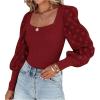 imageLYANER Womens Square Neck Blouse Sheer Mesh Lantern Sleeve Polka Dot Knit Business Casual Tops ShirtsWine Red