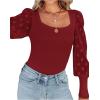 imageLYANER Womens Square Neck Blouse Sheer Mesh Lantern Sleeve Polka Dot Knit Business Casual Tops ShirtsWine Red