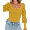 imageLYANER Womens Square Neck Blouse Sheer Mesh Lantern Sleeve Polka Dot Knit Business Casual Tops ShirtsYellow