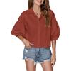 imageLYANER Womens Collar V Neck Button Down Lantern Short Sleeve Blouse Crop Top ShirtBrick Red