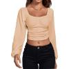 imageLYANER Womens Off Shoulder Ruched Lantern Sleeve Sexy Crop Top Tube BlouseLight Khaki