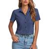 imageLYANER Womens Rib Knit Collar V Neck Button Down Ruffle Tirm Short Sleeve Crop Top Blouse ShirtNavy