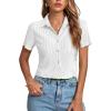 imageLYANER Womens Rib Knit Collar V Neck Button Down Ruffle Tirm Short Sleeve Crop Top Blouse ShirtWhite