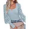 imageLYANER Womens Square Neck Blouse Sheer Mesh Lantern Sleeve Polka Dot Knit Business Casual Tops ShirtsLight Blue