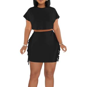 imageLYANER Womens 2 Piece Outfits Crewneck Fringe Short Sleeve Crop Top and Tassel Trim Bodycon Mini Skirt SetBlack
