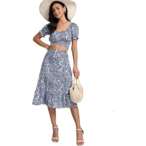 imageLYANER Womens 2 Piece Outfits Floral Self Tie Knot Crop Top and Midi Skirt Set2blue