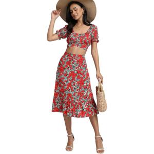 imageLYANER Womens 2 Piece Outfits Floral Self Tie Knot Crop Top and Midi Skirt Set3red