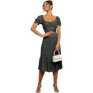 imageLYANER Womens 2 Piece Outfits Floral Self Tie Knot Crop Top and Midi Skirt SetBlack