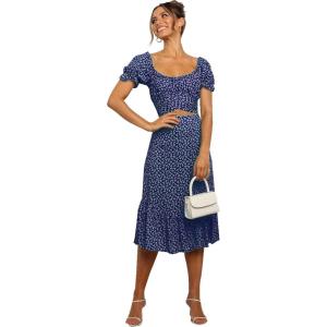 imageLYANER Womens 2 Piece Outfits Floral Self Tie Knot Crop Top and Midi Skirt SetNavy