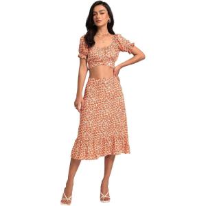 imageLYANER Womens 2 Piece Outfits Floral Self Tie Knot Crop Top and Midi Skirt SetOrange